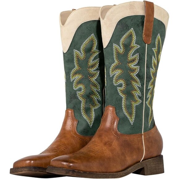 SheSole Shoes - SheSole Womens Green Brown Cowboy Square Toe Cowgirl Wide Calf Western Boots